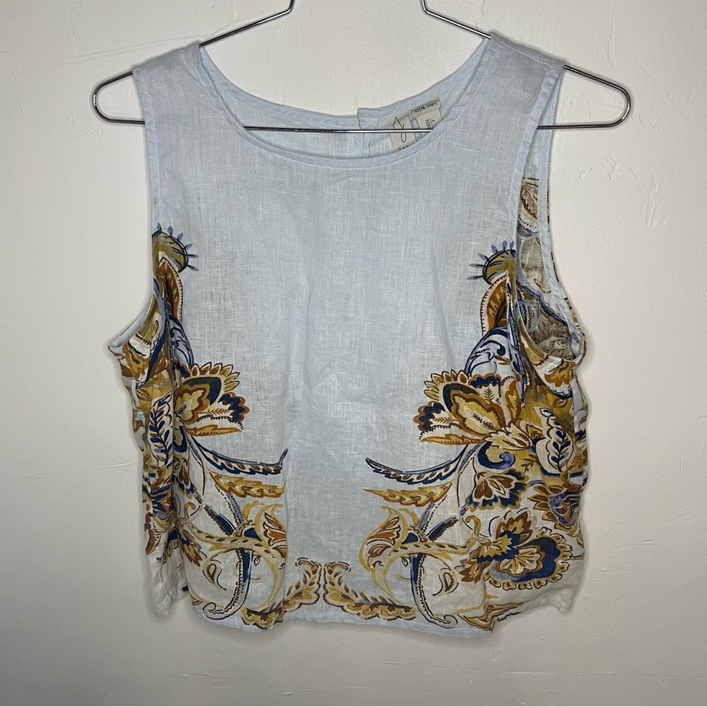100% Linen Joie Bohemian Floral Print Blue Tank Top